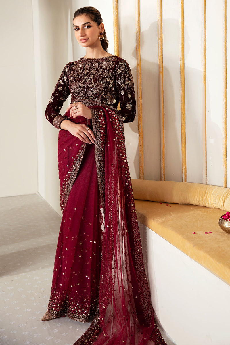 JAZMIN LUXURY EMBROIDERED VELVET NET SAREE - 3 PC UNSTITCHED