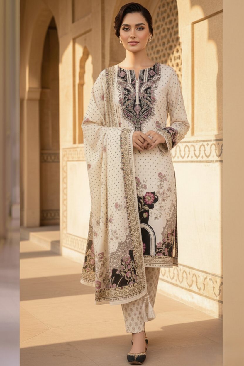 DIGITAL PRINTED SILK DRESS ADDA WORK - 3 PC UNSTITCHED