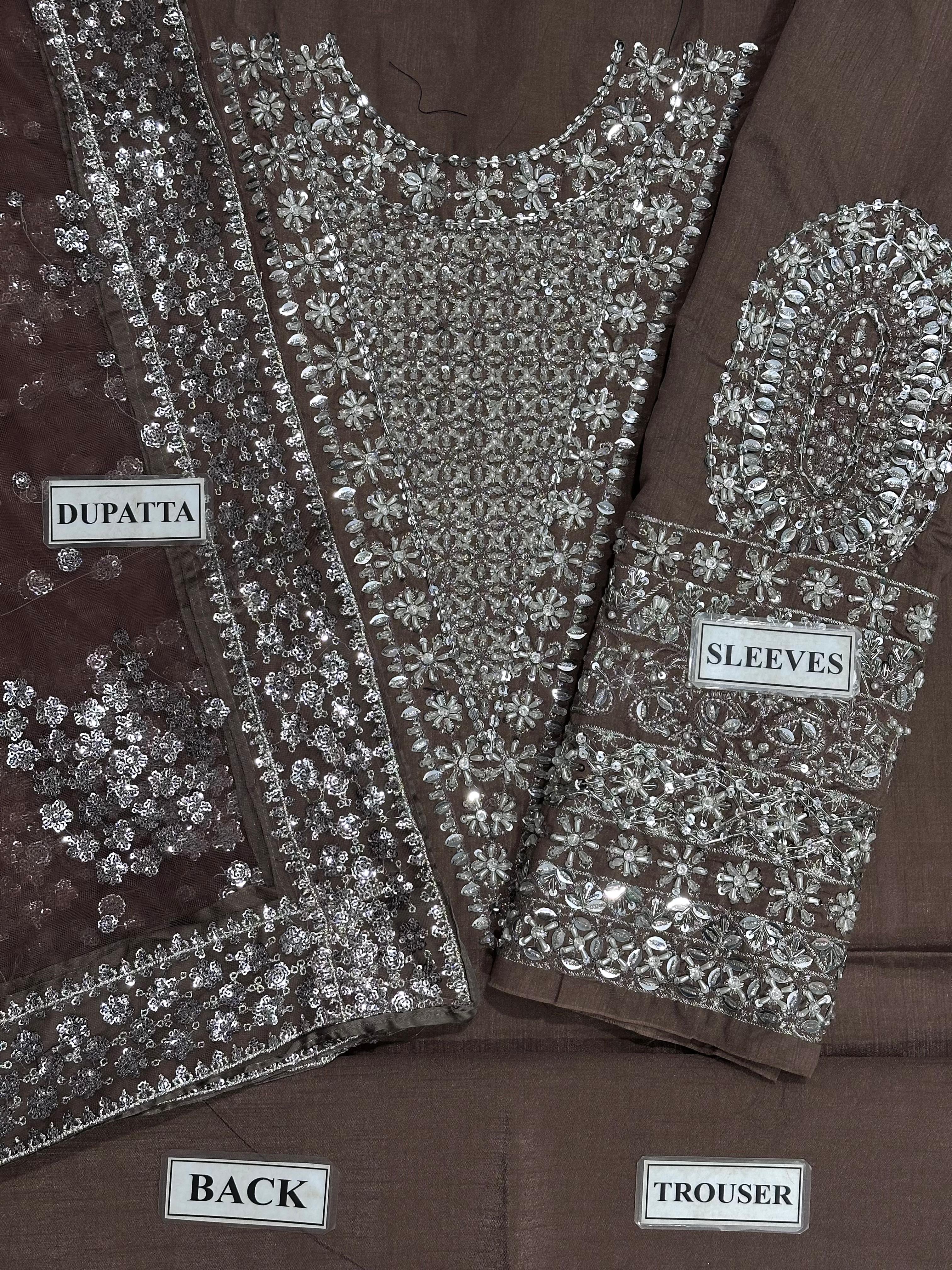 HUSSAIN REHAR LUXURY EMBROIDERED ADDA WORK RAW SILK - 3 PC UNSTITCHED