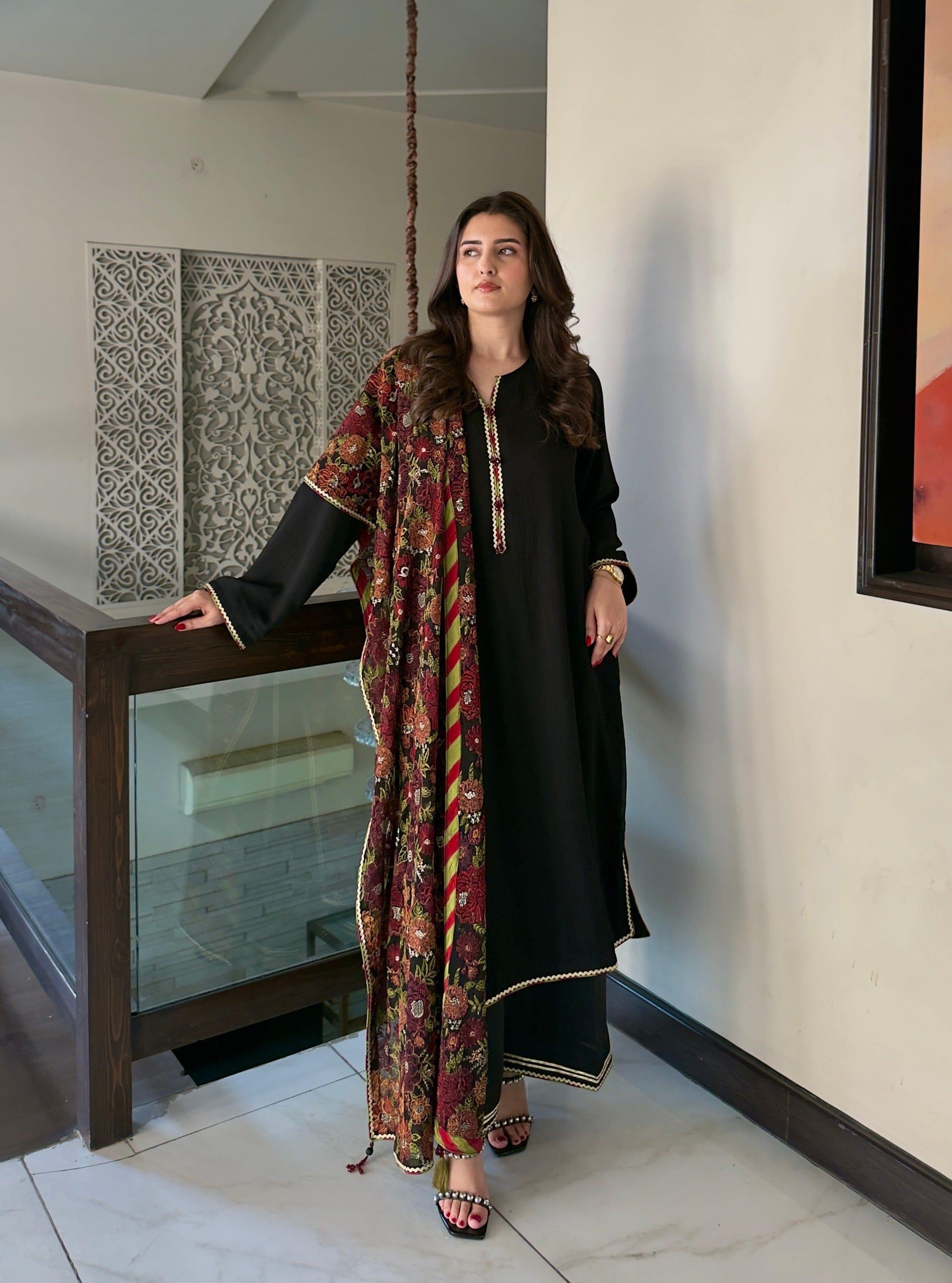 CHIFFON DRESS EMBROIDERED SHAWL - 3 PC STITCHED