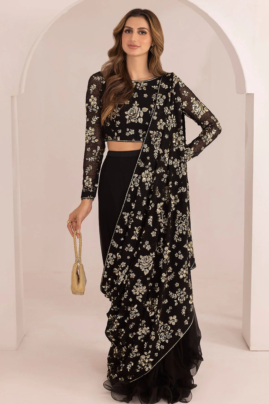 JAZMIN LUXURY BLACK CHIFFON SAREE - 3 PC UNSTITCHED