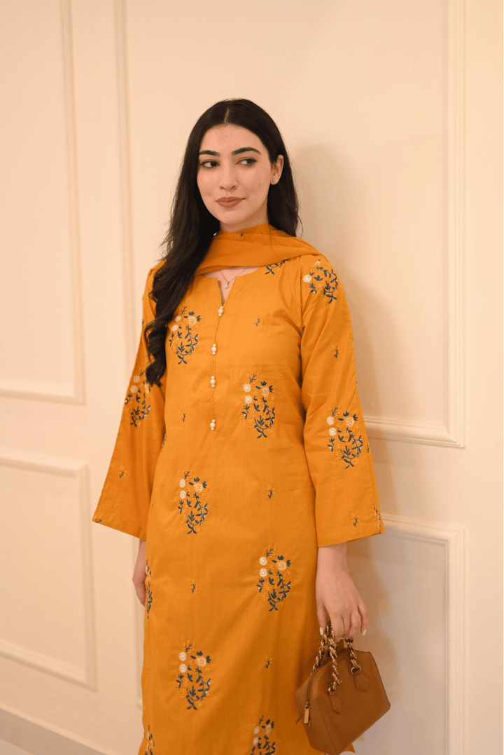 EMBROIDERED COTTON DRESS - 3 PC STITCHED