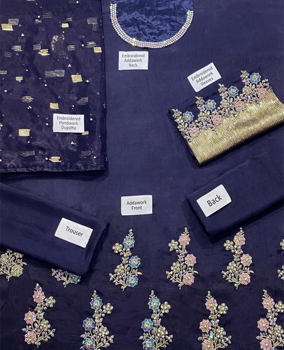 NUREH EMBROIDERED RAW SILK HANDMADE - 3 PC UNSTITCHED