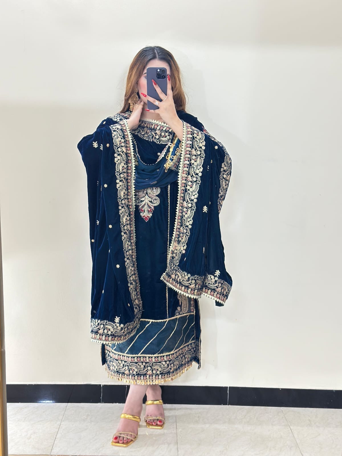 EMBROIDERED VELVET DRESS - 3 PC STITCHED