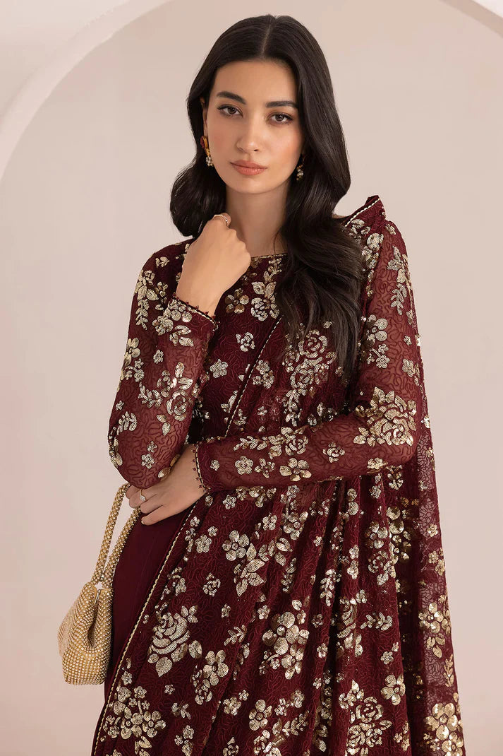 JAZMIN LUXURY MEHROON SAREE EMBROIDERED - 3 PC UNSTITCHED