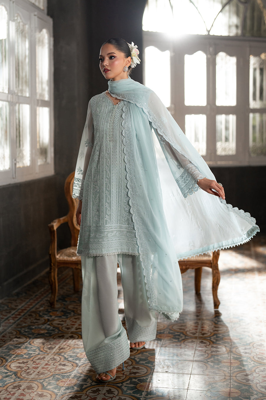 AZURE SEMI PURE CHIFFON EMBROIDERED - 3 PC UNSTITCHED