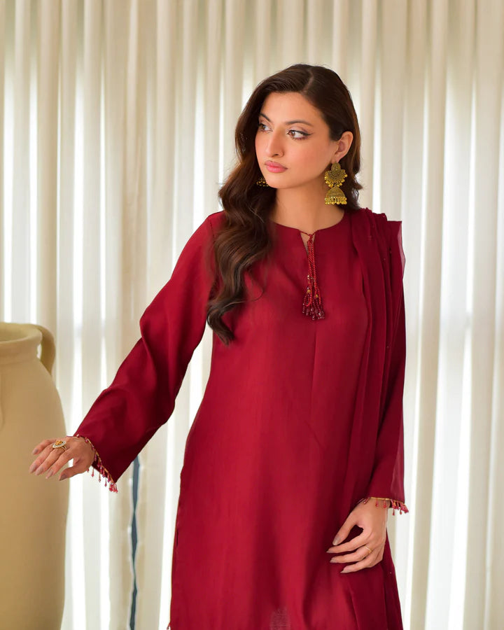 RAW SILK EMBROIDERED DRESS - 3 PC STITCHED