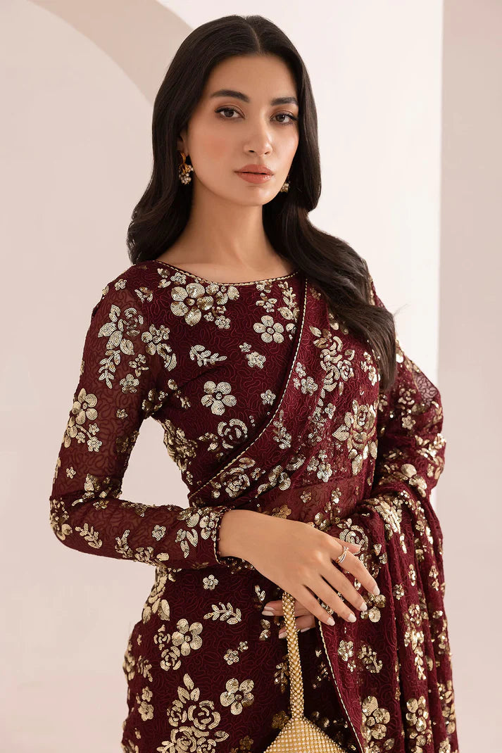JAZMIN LUXURY MEHROON SAREE EMBROIDERED - 3 PC UNSTITCHED