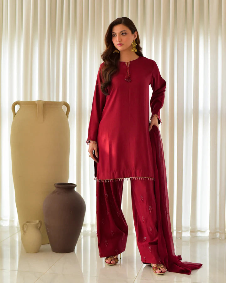 RAW SILK EMBROIDERED DRESS - 3 PC STITCHED