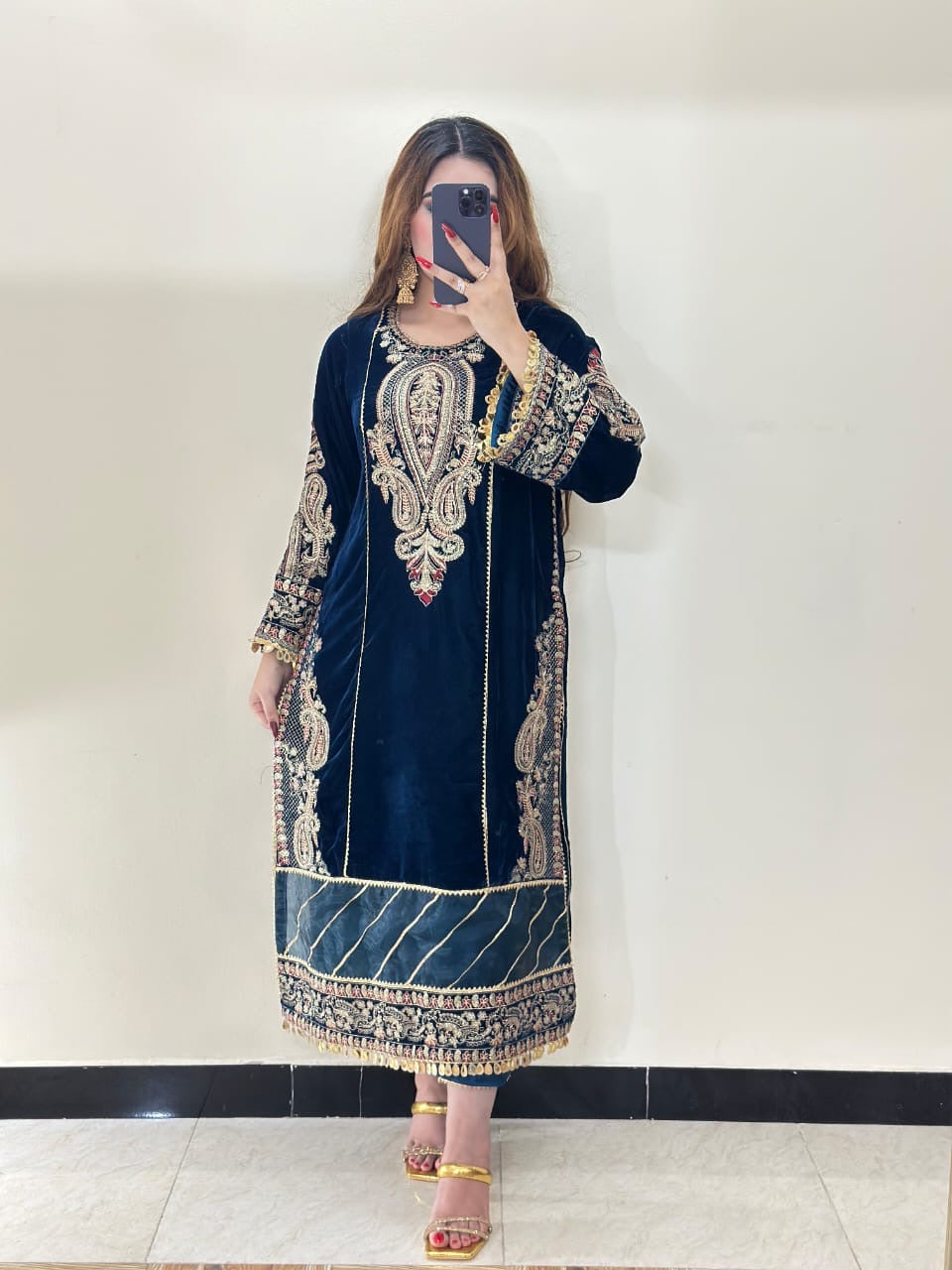 EMBROIDERED VELVET DRESS - 3 PC STITCHED