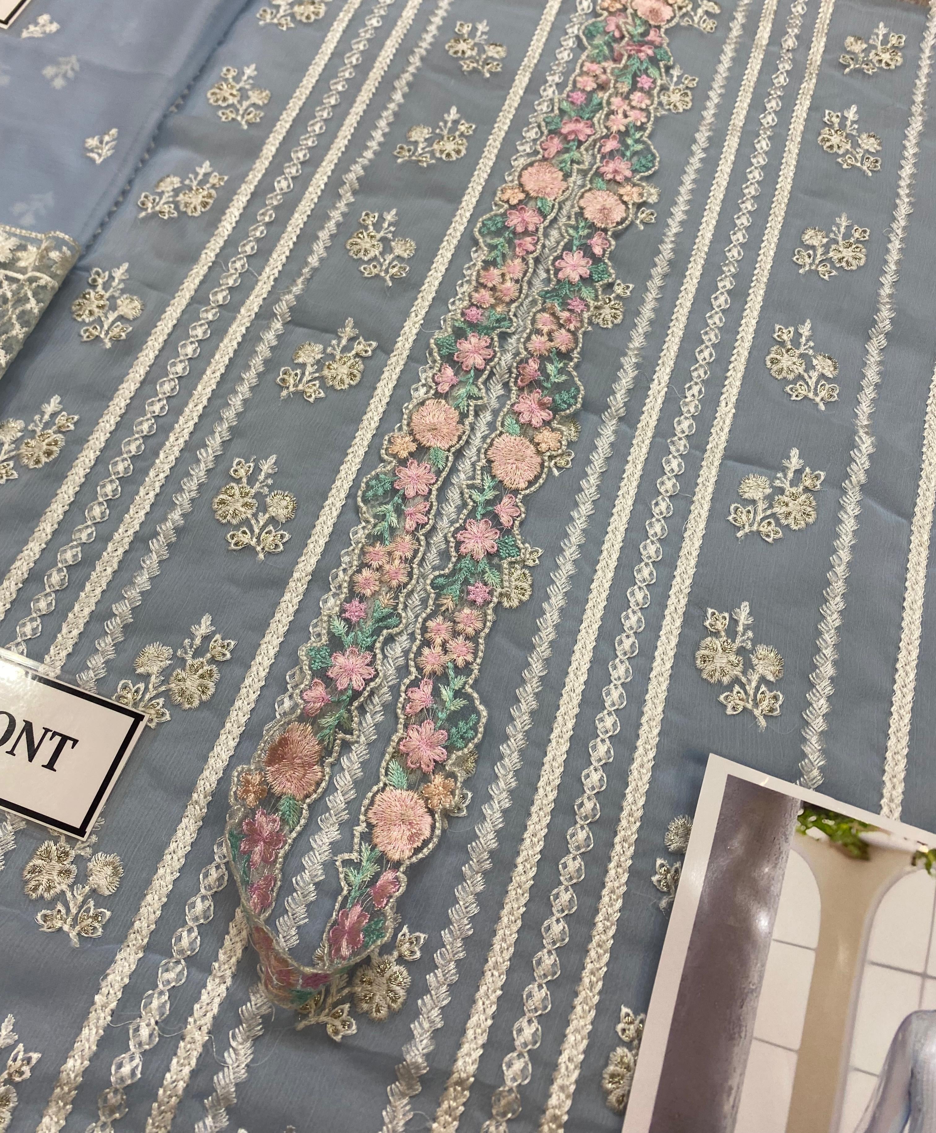 AZURE EMBROIDERED SEMI PURE CHIFFON - 3 PC UNSTITCHED