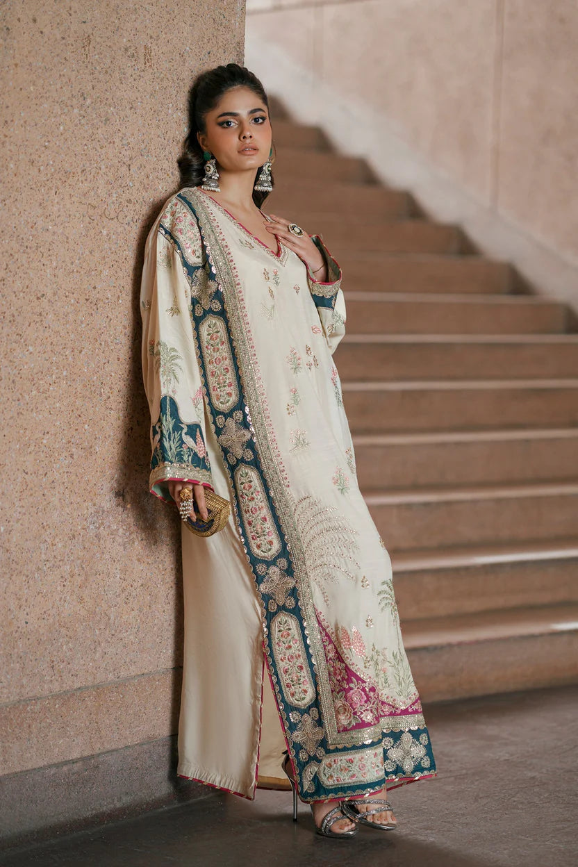 ETHNC EMBROIDERED SILK KAFTAN - 3 PC UNSTITCHED