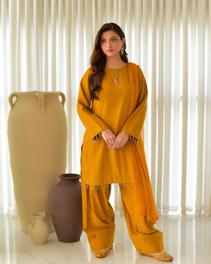 RAW SILK EMBROIDERED DRESS - 3 PC STITCHED