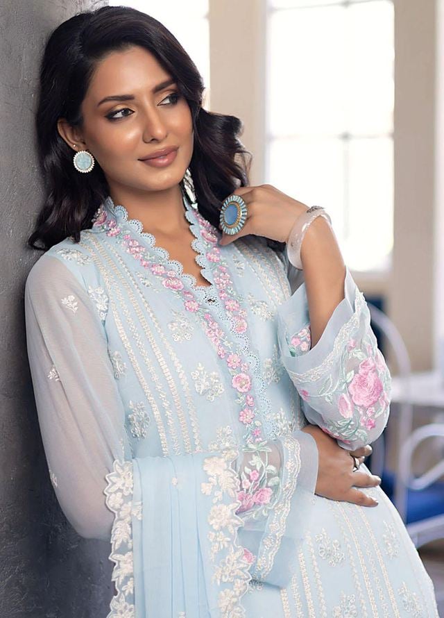 AZURE EMBROIDERED SEMI PURE CHIFFON - 3 PC UNSTITCHED