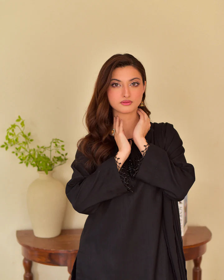 RAW SILK EMBROIDERED DRESS - 3 PC STITCHED