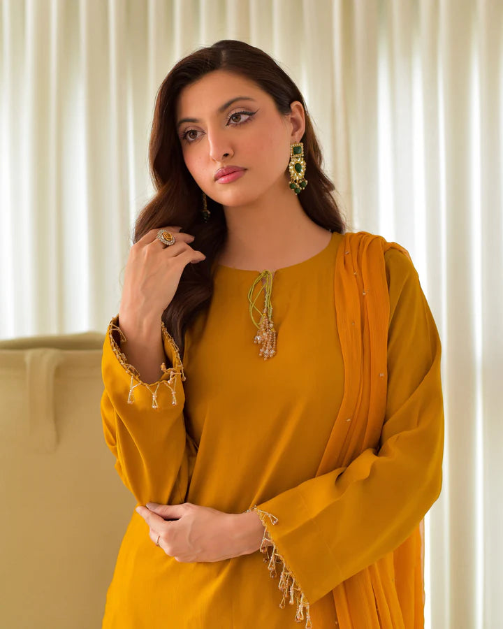 RAW SILK EMBROIDERED DRESS - 3 PC STITCHED