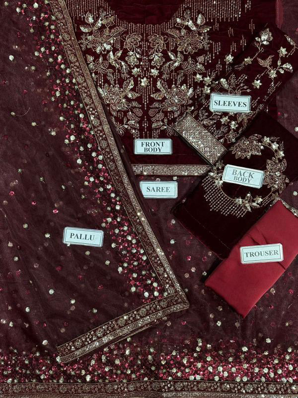 JAZMIN LUXURY EMBROIDERED VELVET NET SAREE - 3 PC UNSTITCHED