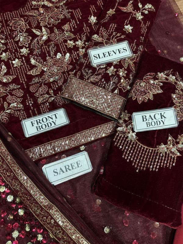 JAZMIN LUXURY EMBROIDERED VELVET NET SAREE - 3 PC UNSTITCHED