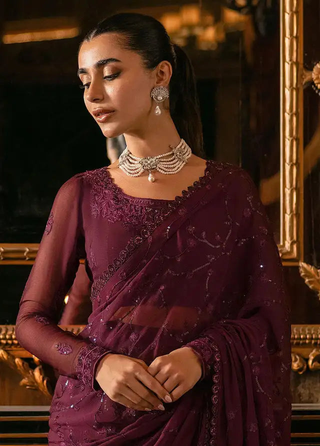 ASIM JOFA LUXURY WEDDING EMBROIDERED SEMI PURE CHIFFON SAREE - 3 PC UNSTITCHED