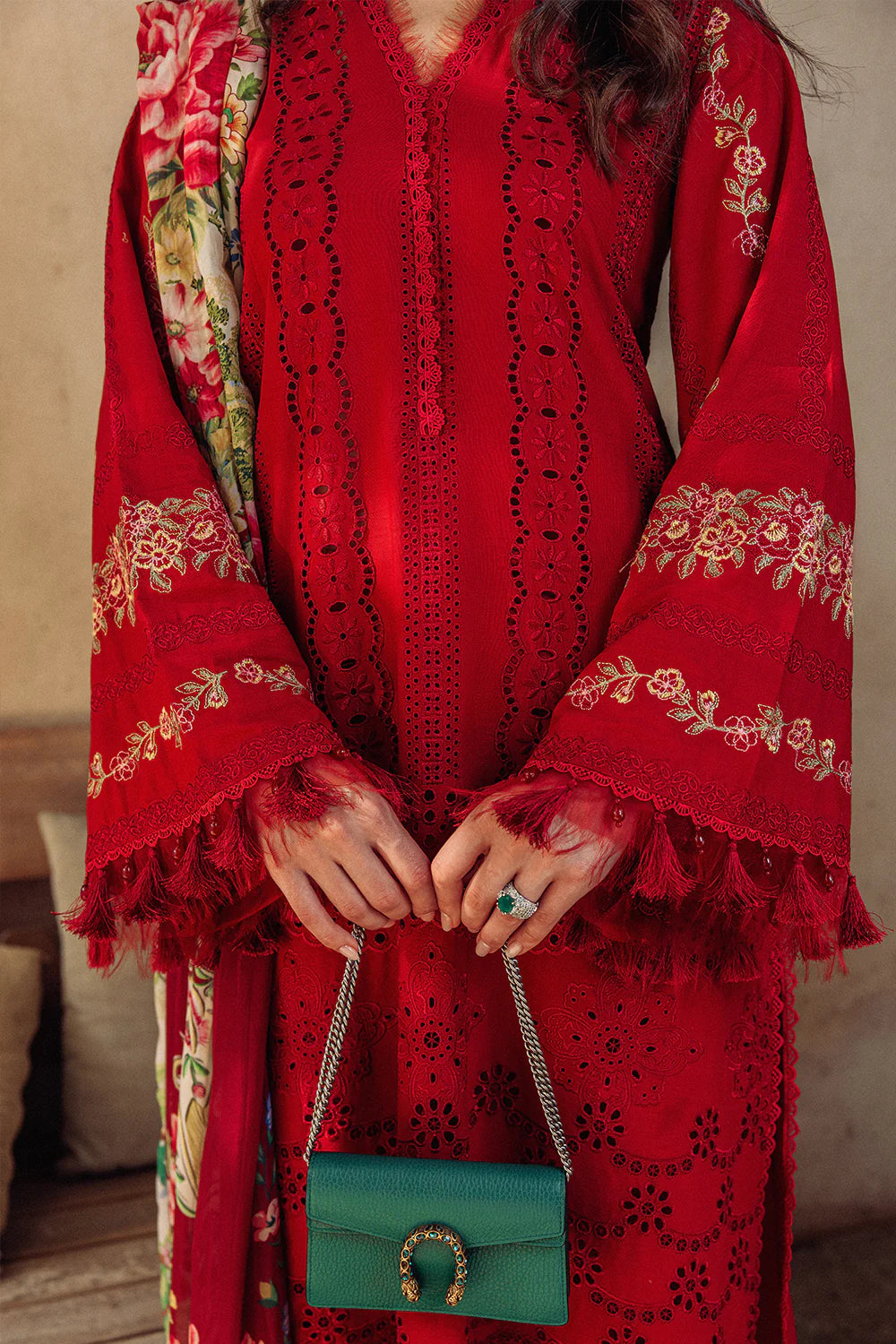 SAIRA RIZWAN LUXURY CHIKANKARI LAWN RED - 3 PC UNSTITCHED
