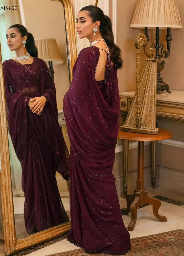 ASIM JOFA LUXURY WEDDING EMBROIDERED SEMI PURE CHIFFON SAREE - 3 PC UNSTITCHED