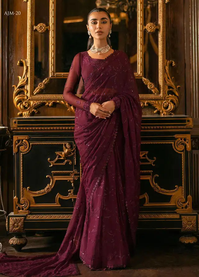 ASIM JOFA LUXURY WEDDING EMBROIDERED SEMI PURE CHIFFON SAREE - 3 PC UNSTITCHED