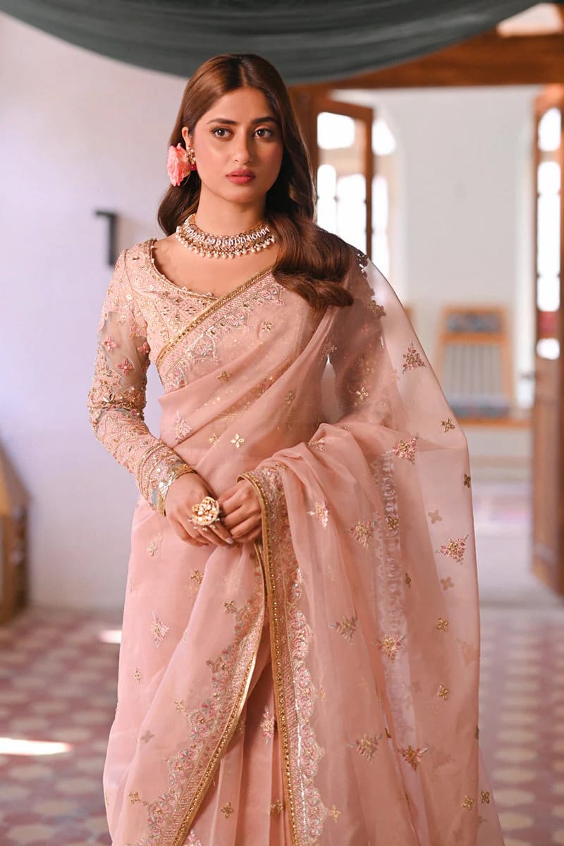 QALAMKAR LUXURY WEDDING EMBROIDERED NET SAREE UNSTITCHED