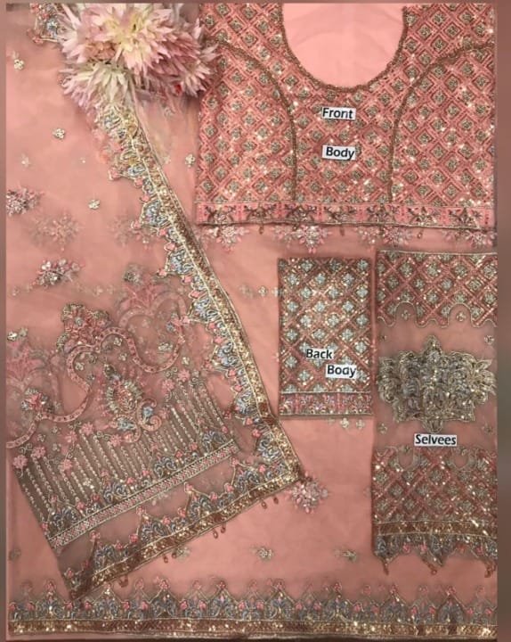 QALAMKAR LUXURY WEDDING EMBROIDERED NET SAREE UNSTITCHED