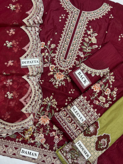 ETHNIC EMBROIDERED RAW SILK DRESS - 3 PC UNSTITCHED