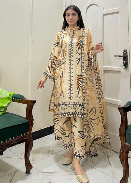 HOORAINS PRET PRINTED SLUB LAWN  KURTA SET - 3 PC STITCHED