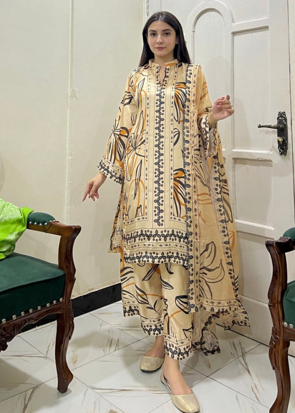 HOORAINS PRET PRINTED SLUB LAWN  KURTA SET - 3 PC STITCHED