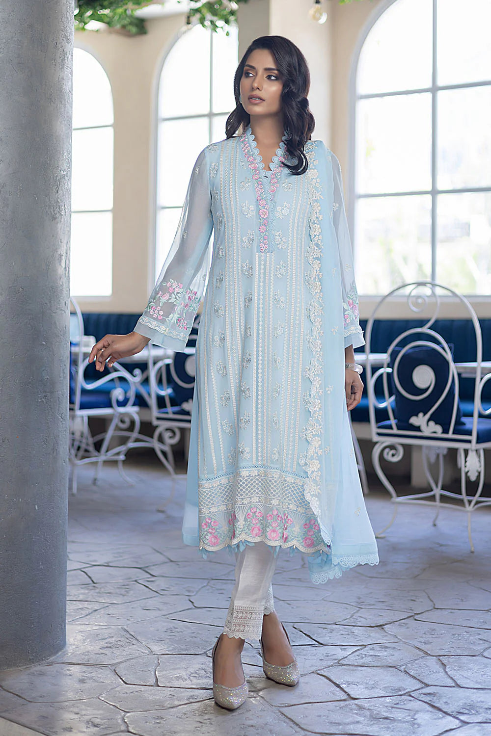 AZURE EMBROIDERED SEMI PURE CHIFFON - 3 PC UNSTITCHED
