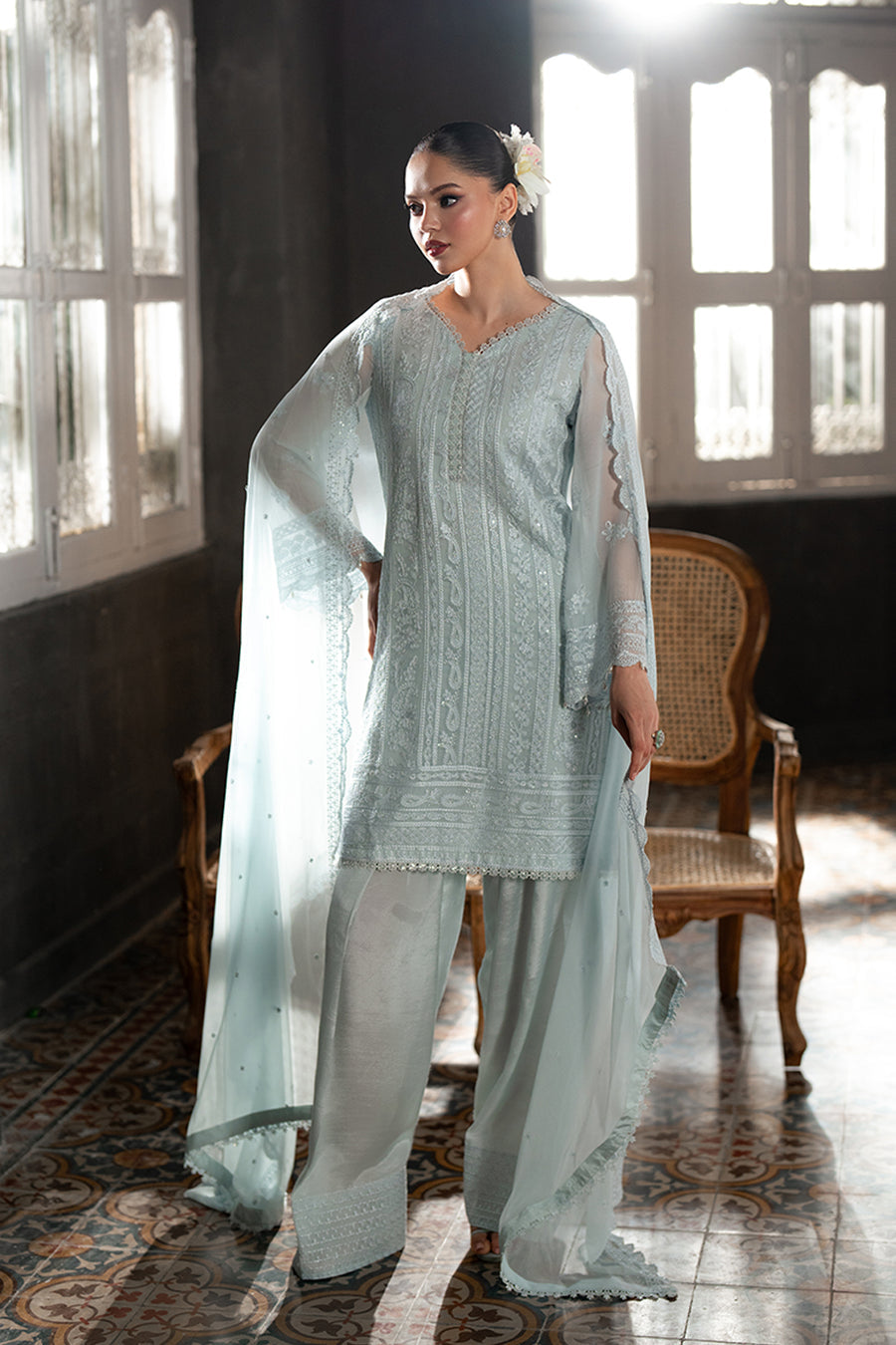 AZURE SEMI PURE CHIFFON EMBROIDERED - 3 PC UNSTITCHED