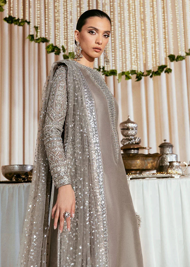 HUSSAIN REHAR RAW SILK EMBROIDERED ADDA WORK DRESS - 3 PC UNSTITCHED