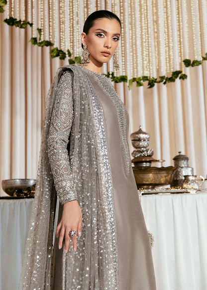 HUSSAIN REHAR RAW SILK EMBROIDERED ADDA WORK DRESS - 3 PC UNSTITCHED