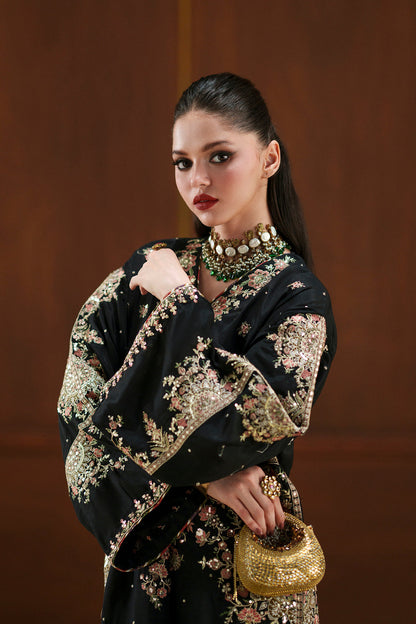 ETHNC BLACK SILK KAFTAN - 3 PC UNSTITCHED