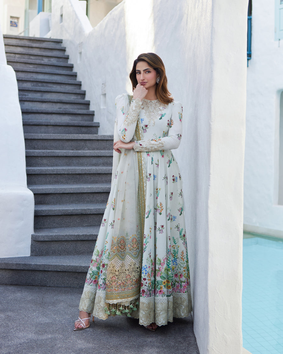 FAIZA SAQLAIN DIGITAL PRINTED LAWN EMBROIDERED FROK - 3 PC UNSTITCHED