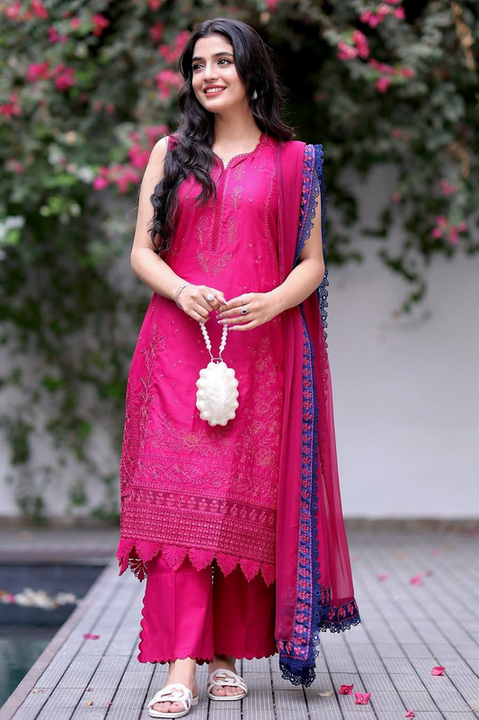 REPUBLIC WOMENSWEAR LUXURY EMBROIDERED LAWN SHOCKING PINK - 3 PC UNSTITCHED