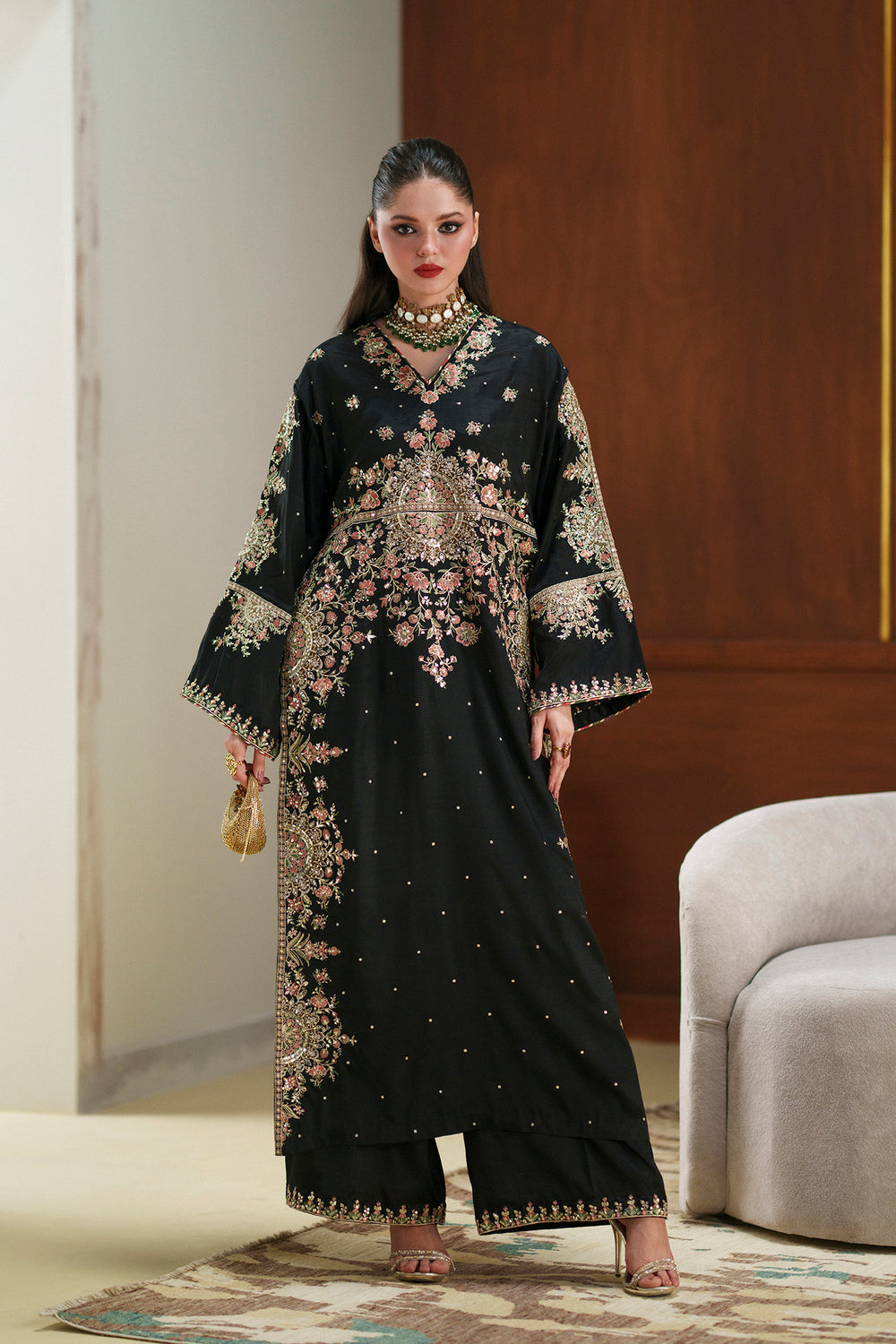ETHNC BLACK SILK KAFTAN - 3 PC UNSTITCHED