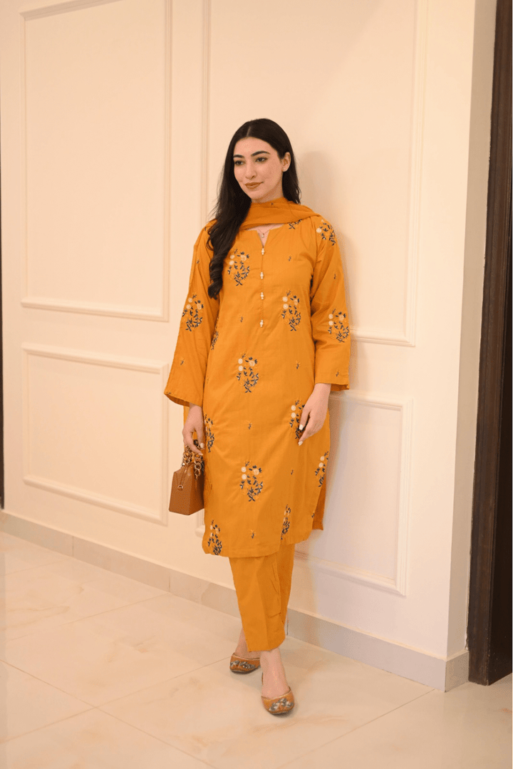 EMBROIDERED COTTON DRESS - 3 PC STITCHED