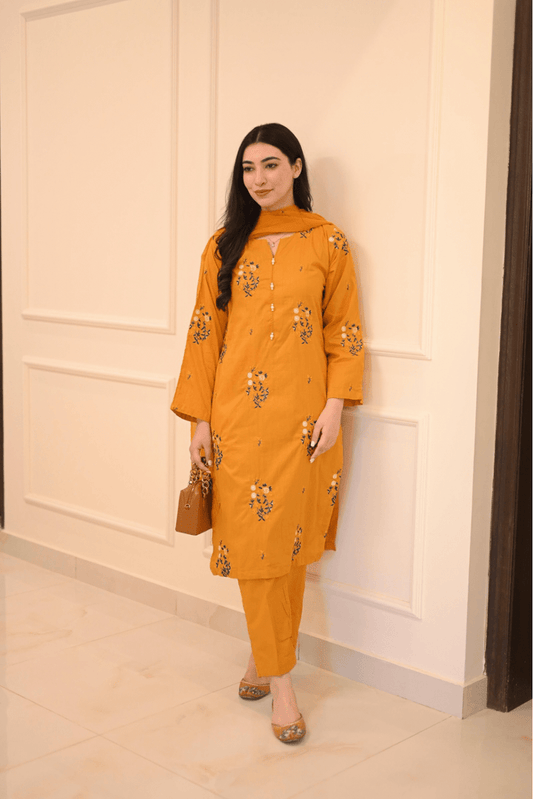 EMBROIDERED COTTON DRESS - 3 PC STITCHED