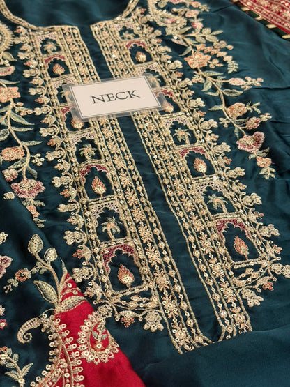 ETHNC EMBROIDERED KAFTAN SILK DRESS - 3 PC UNSTITCHED