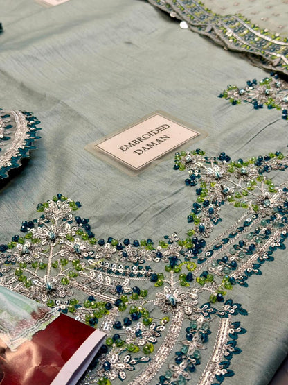 HUSSAIN REHAR EMBROIDERED RAW SILK ADDA WORK - 3 PC UNSTITCHED