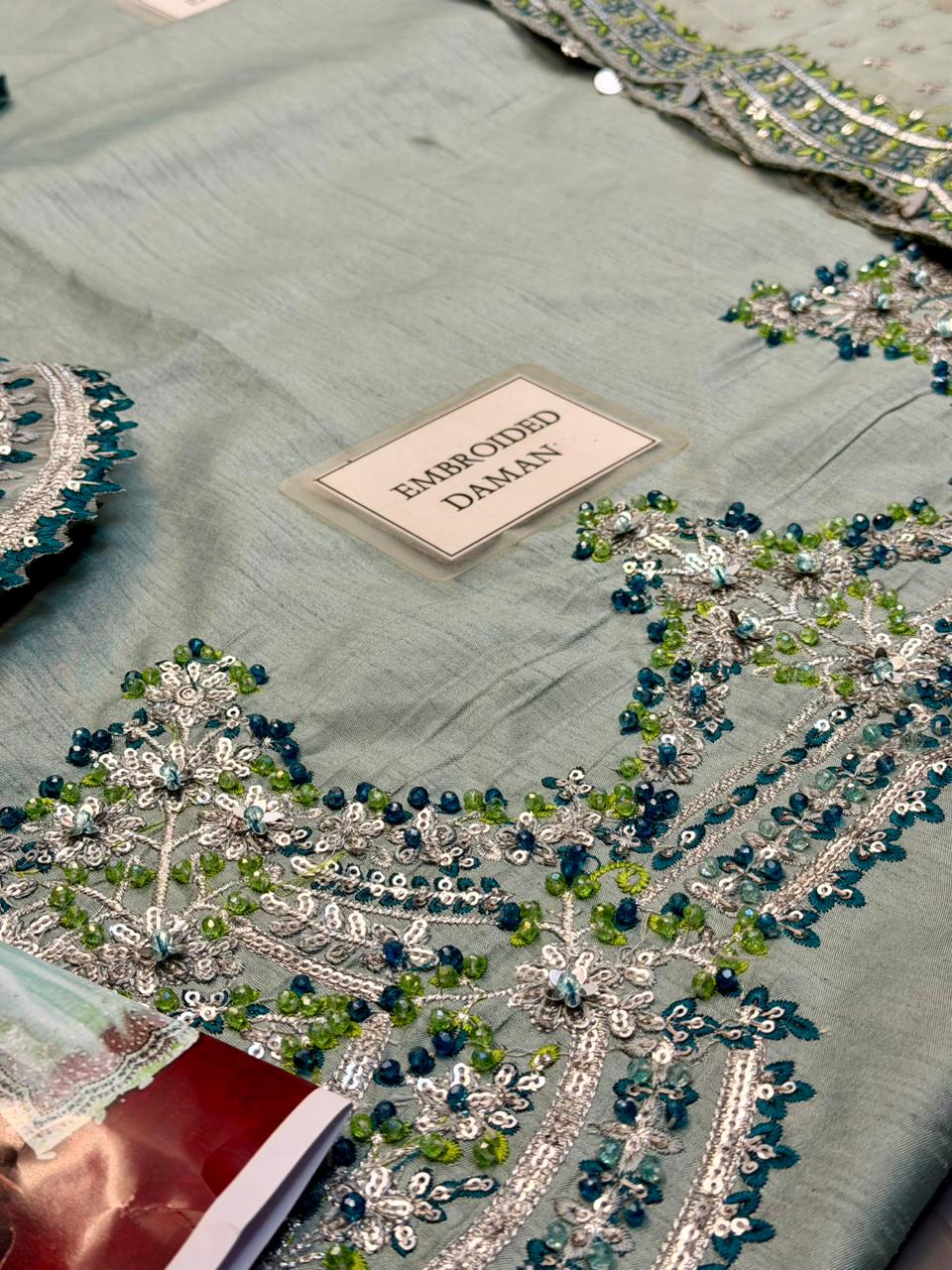 HUSSAIN REHAR EMBROIDERED RAW SILK ADDA WORK - 3 PC UNSTITCHED