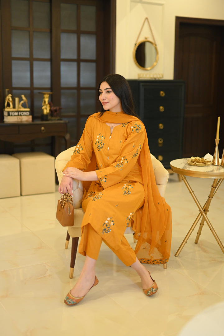 EMBROIDERED COTTON DRESS - 3 PC STITCHED