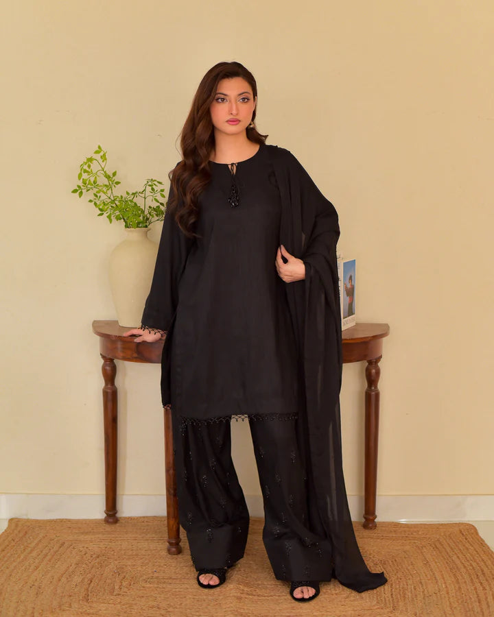 RAW SILK EMBROIDERED DRESS - 3 PC STITCHED