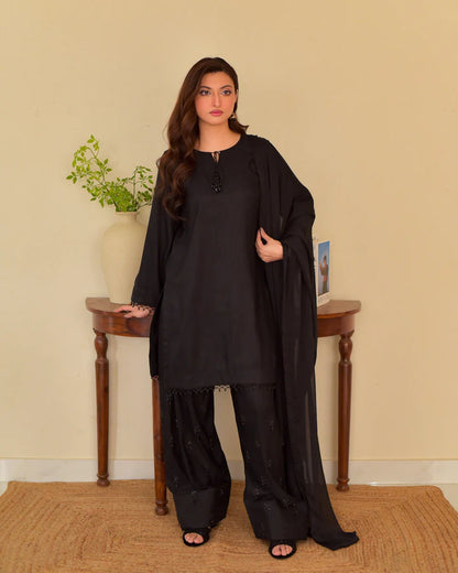 RAW SILK EMBROIDERED DRESS - 3 PC STITCHED