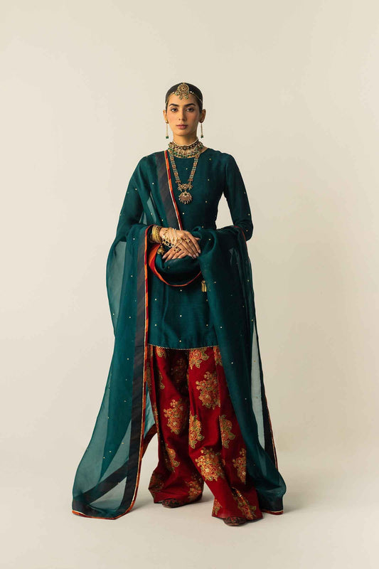 ETHNC EMBROIDERED CHIFFON DRESS FARSHI SHALWAR - 3 PC UNSTITCHED