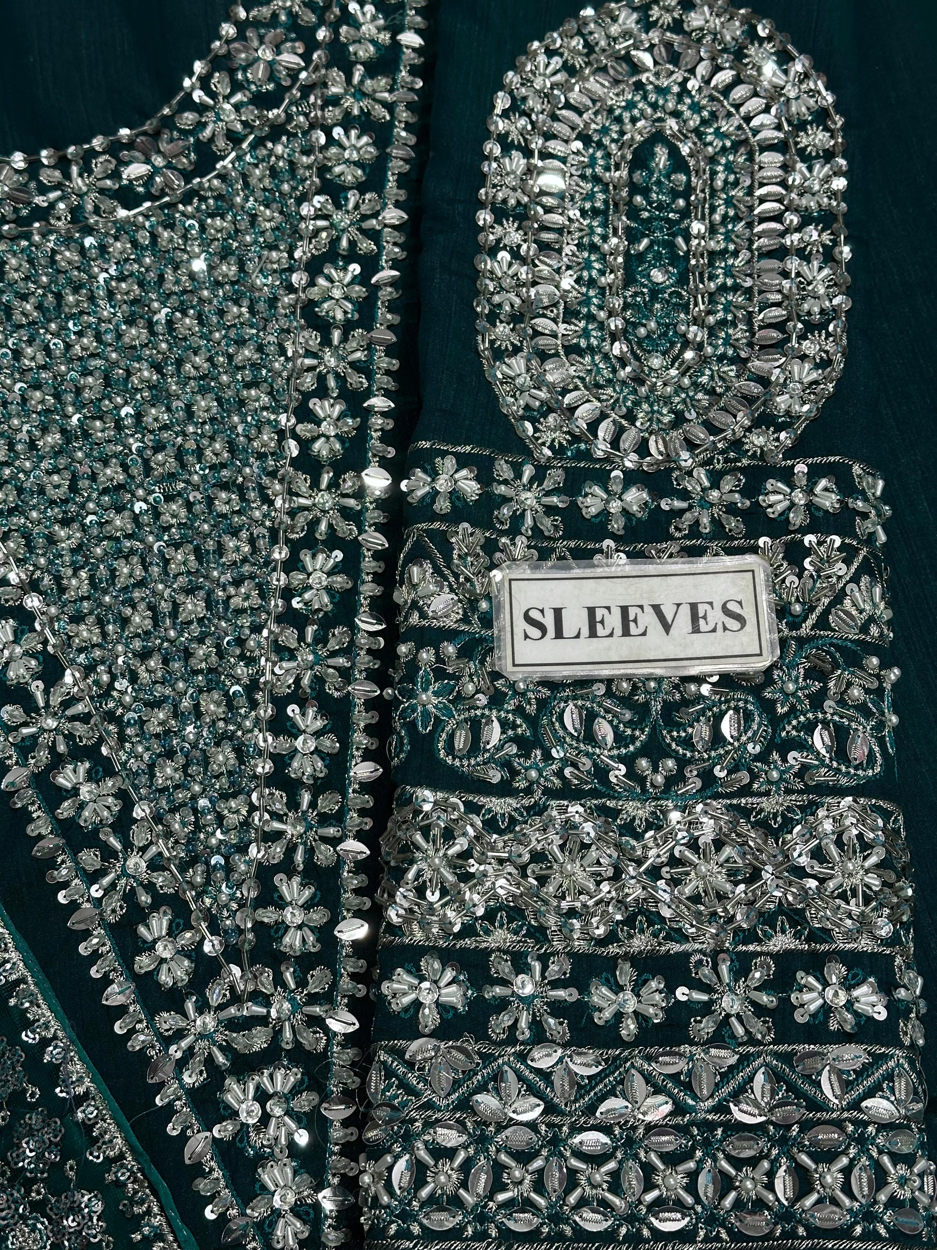 HUSSAIN REHAR LUXURY EMBROIDERED ADDA WORK RAW SILK - 3 PC UNSTITCHED