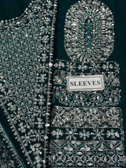 HUSSAIN REHAR LUXURY EMBROIDERED ADDA WORK RAW SILK - 3 PC UNSTITCHED